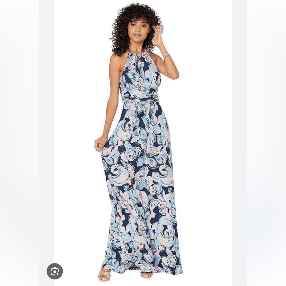 Lilly Pulitzer MARTINA blue floral maxi dress halter neckline ruched waist XS